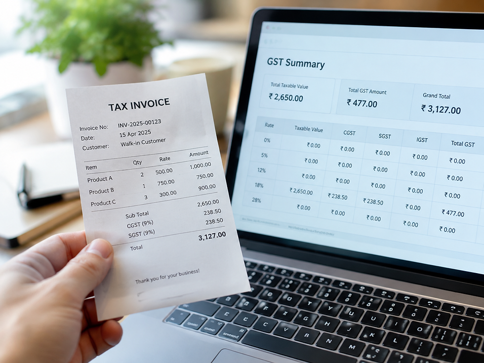 Close-up of a hand holding a tax invoice next to a laptop screen showing GST figures