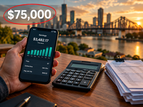 A rideshare driver's phone showing weekly earnings next to a calculator on a desk, with Brisbane's Story Bridge in the background and the $75,000 GST registration threshold highlighted — sole trader tax obligations in Queensland