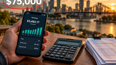 A rideshare driver's phone showing weekly earnings next to a calculator on a desk, with Brisbane's Story Bridge in the background and the $75,000 GST registration threshold highlighted — sole trader tax obligations in Queensland