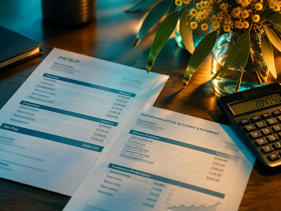 A payslip and a superannuation account statement beside a calculator and native Australian gum leaves — superannuation guarantee obligations for Queensland sole traders with employees