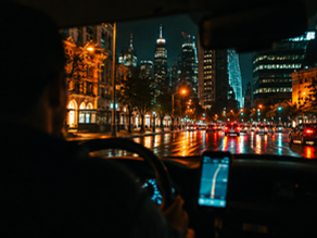 Late-night view from the back seat of a rideshare car on a lit-up Australian city street — Uber and DiDi driver tax in Australia
