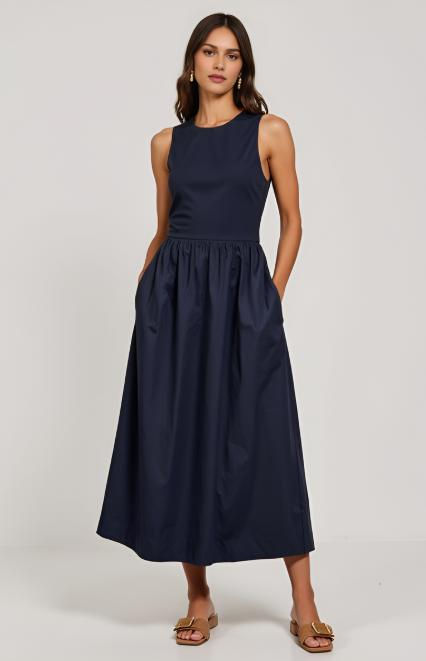 Thumbnail: Sleeveless Crewneck Midi Dress with Gathered Waist and Pockets