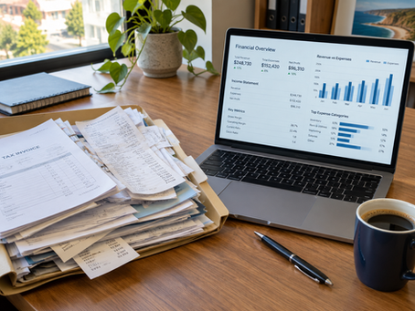 Small business owner's desk with a folder of receipts and invoices next to a laptop showing a financial report
