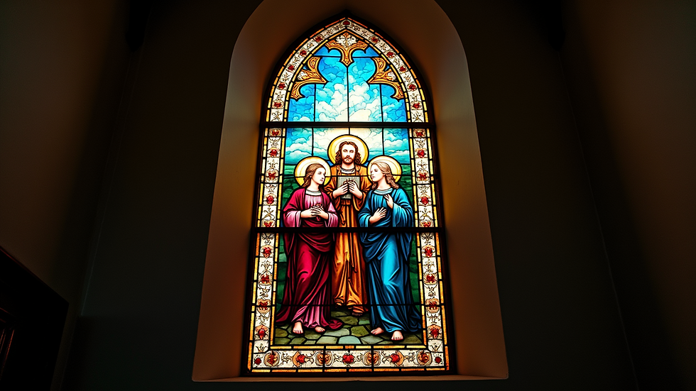 Eye-level view of a stained glass window depicting the Holy Trinity