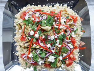 Zucchini, Tomato &amp; Couscous Salad with Feta Cheese, Pomegranate, Mint &amp; Chilli, &amp; Lemon Tahini Dressing