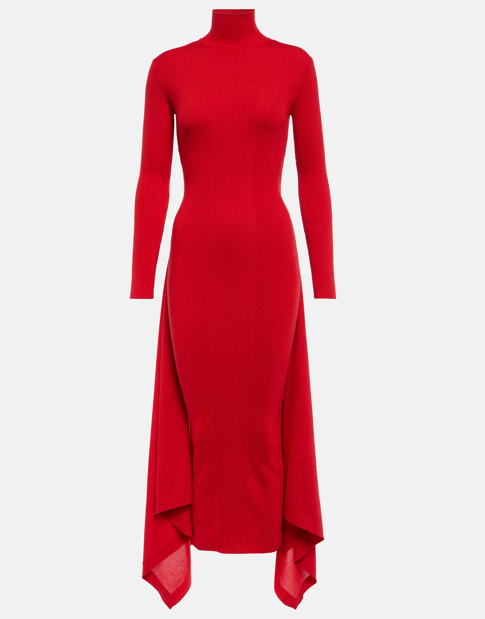 Red long-sleeve dress with a high neckline and asymmetrical hem. Knit texture. Simple white background. Elegant and bold design.