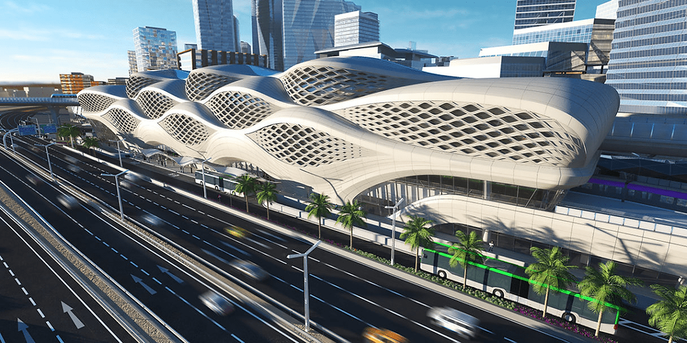 Exterior view of a modern Riyadh Metro station with a futuristic wave-patterned facade, multiple bus lanes, and high-speed traffic on an adjacent highway, set against a backdrop of skyscrapers. Saudi Arabia