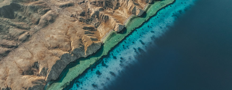 Aerial view of a rocky desert coastline meeting the vibrant blue waters of the Red Sea, with coral reefs visible beneath the surface.