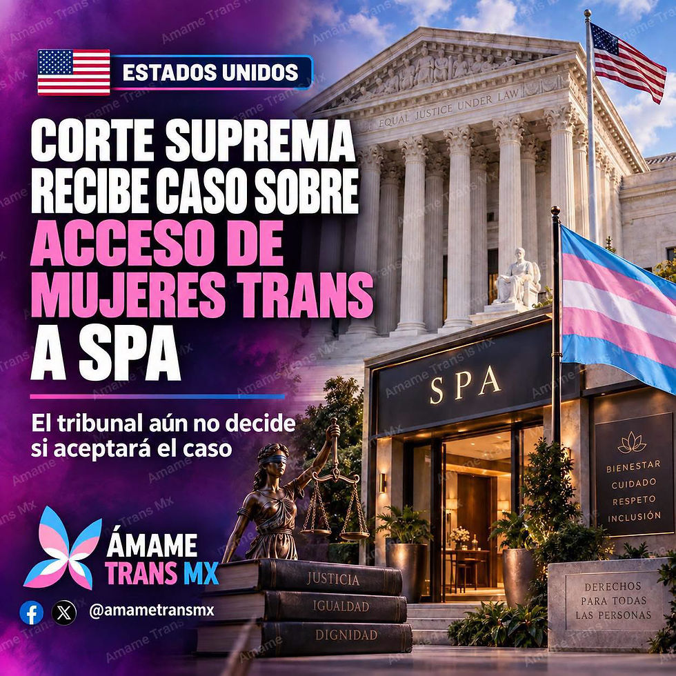 Boceto informativo de Ámame Trans MX sobre el caso de Olympus Spa y el acceso de mujeres trans en Estados Unidos. Amame trans mx