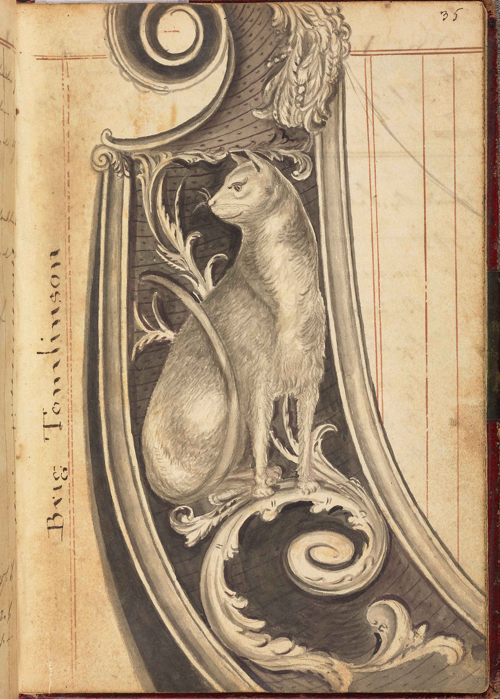 Detail from one of the journal pages; the cat is captioned as the figurehead of the brig Tomlinson (1835).