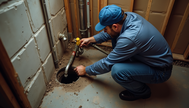 High angle view of plumber repairing a broken pipe in a residential basement