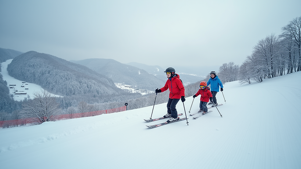 Wide angle view of a family skiing together on a gentle slope in Niseko