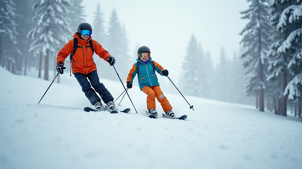 Eye-level view of a ski instructor guiding a beginner on a snowy slope