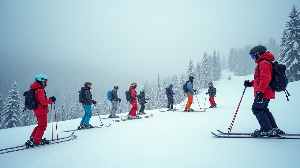 Wide angle view of ski school group lesson on snowy slope