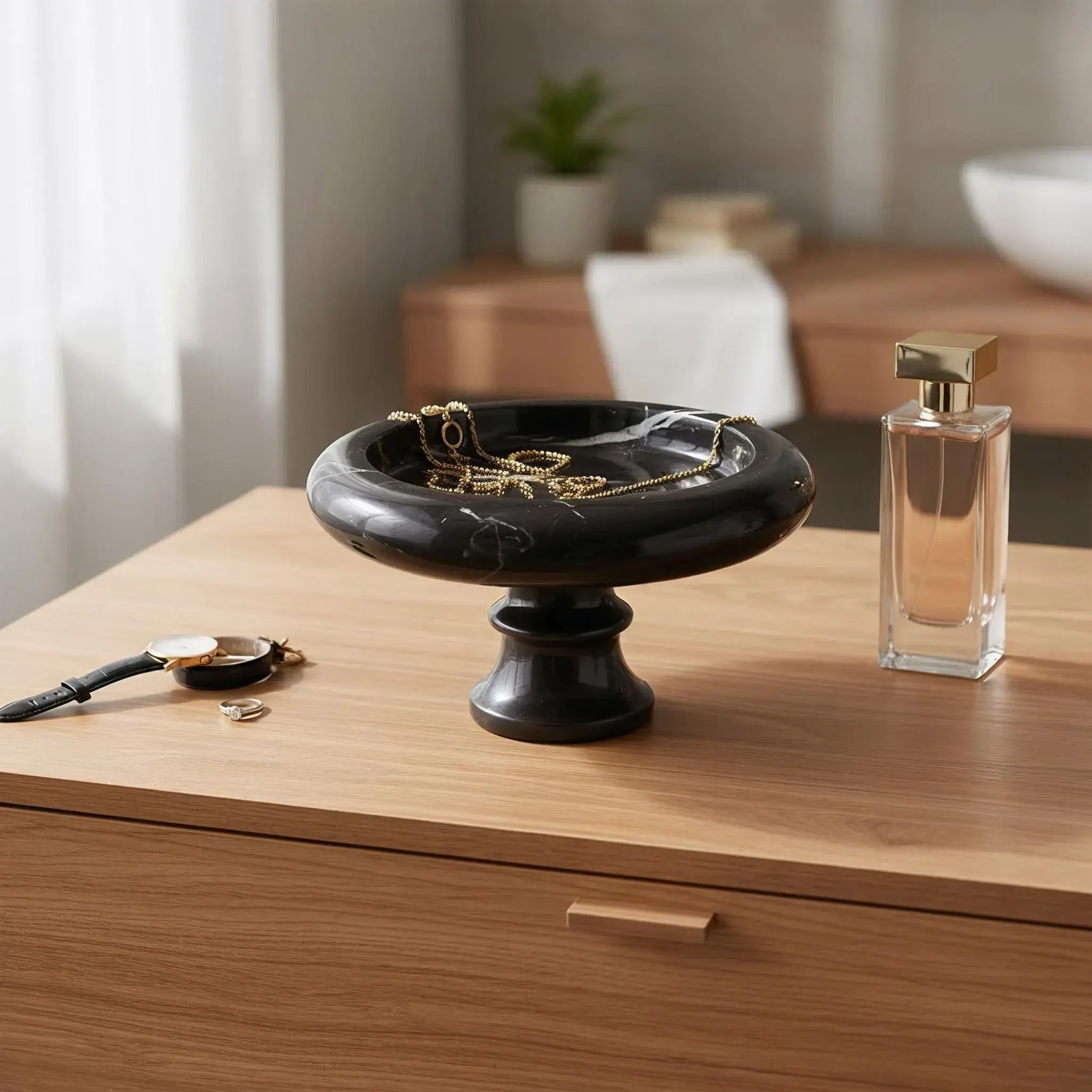 Black Marble Catchall Tray – Polished Stone Pedestal Jewelry Organizer