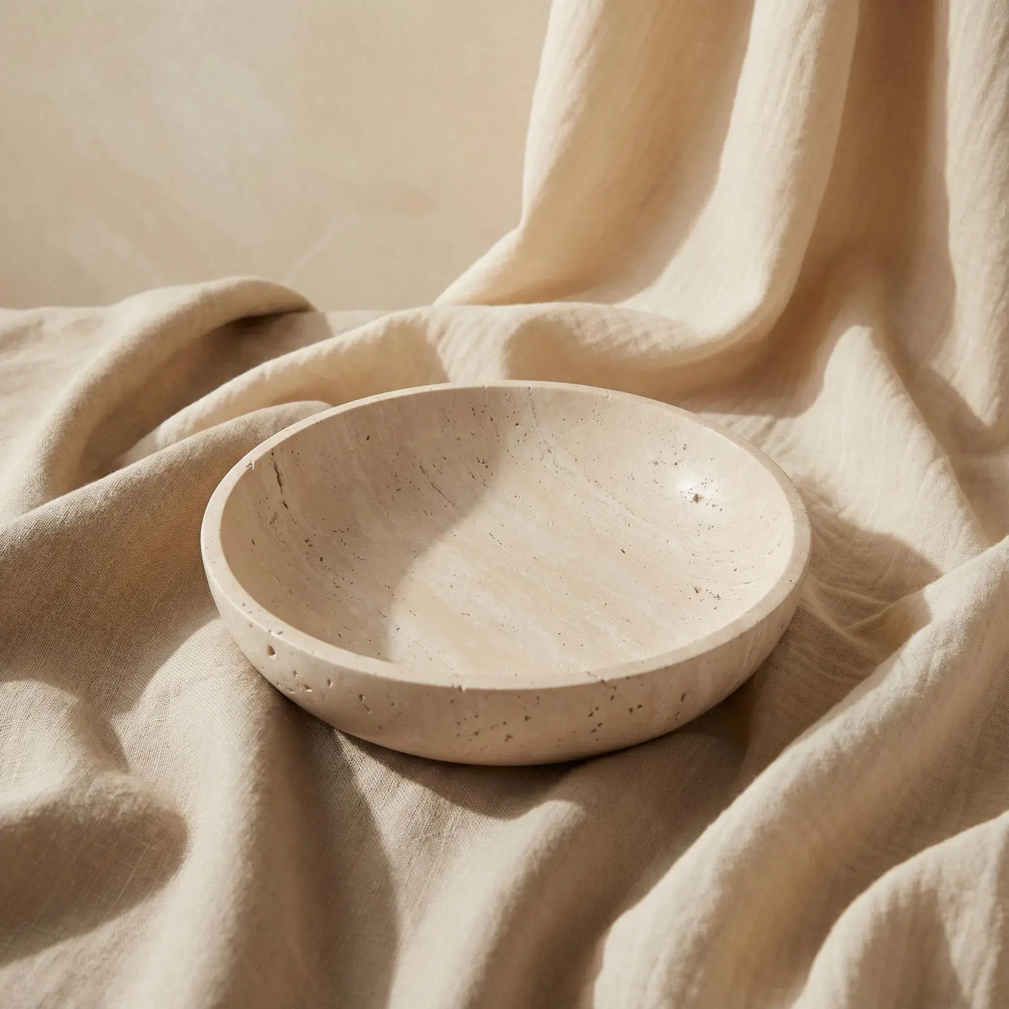 Handmade Light Travertine Bowl – Natural Stone Kitchen Decor, (21 cm x 21 cm)