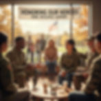 Diverse group of veterans and support staff in a counseling session centered around hope and resilience, with an American flag visible outside.