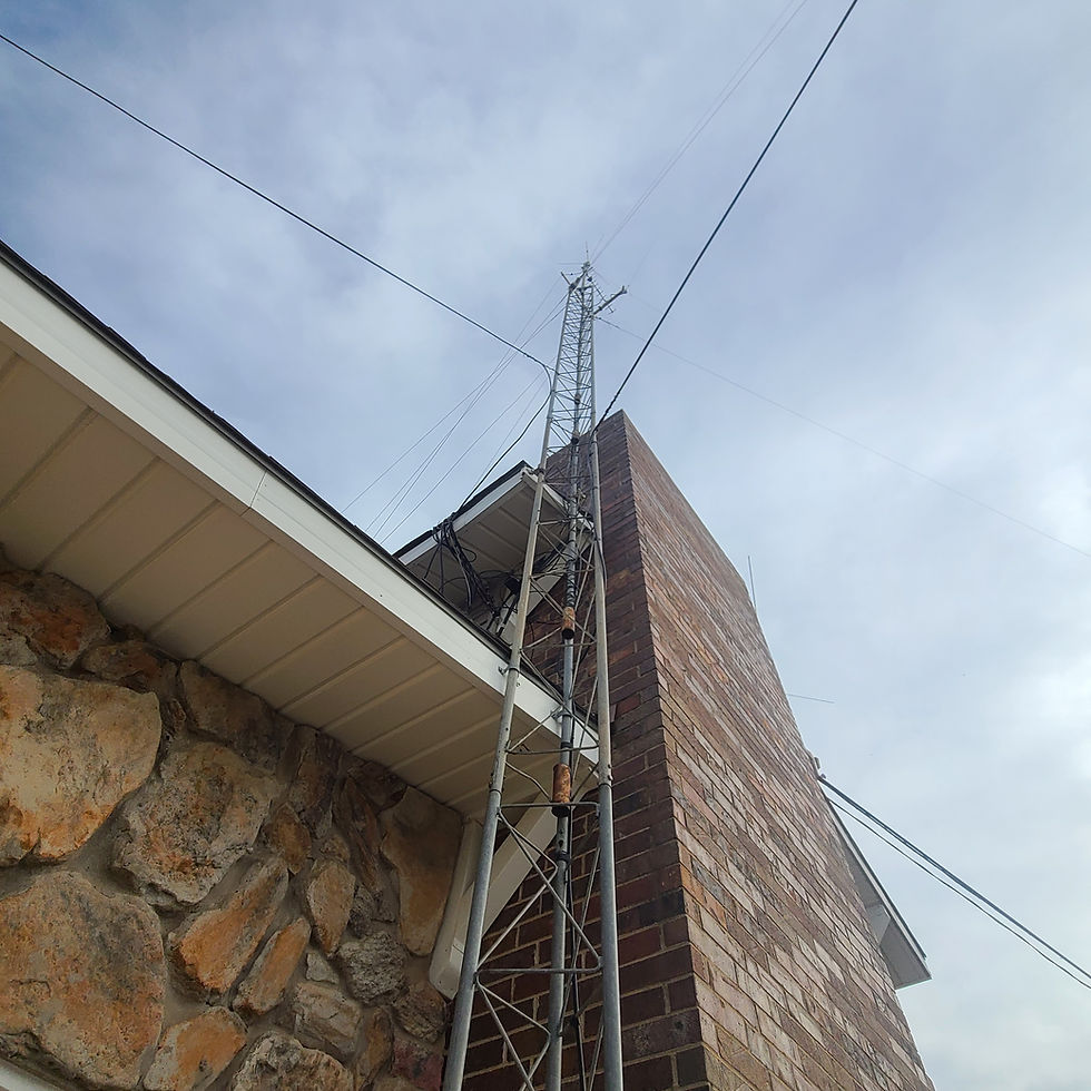 A view of one tower at Steven Walz's, K0UO' station a combination of rohn R25G at the base and the top sections at R20G