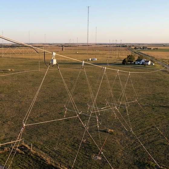 view of a 4 element HF delta loop beam hinging the antenna from a catenary line that runs between two tall towers. The use of a catenary line is particularly beneficial as it helps to maintain the tension of the wire, ensuring that the antenna remains in optimal shape and alignment, which is essential for effective performance. and a 300 foot nearby tower that k0uo uses