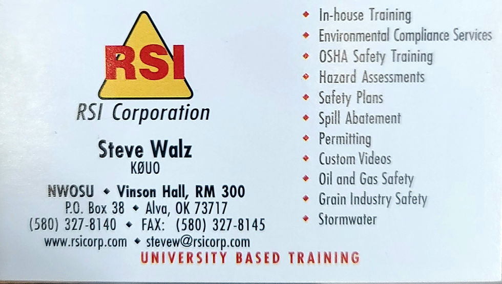 A Business card of Steve Walz, from RSI Corporation in the early 2000s based at NWOSU in Alva, Oklahoma, detailing services like OSHA safety training, hazard assessments, and environmental compliance.