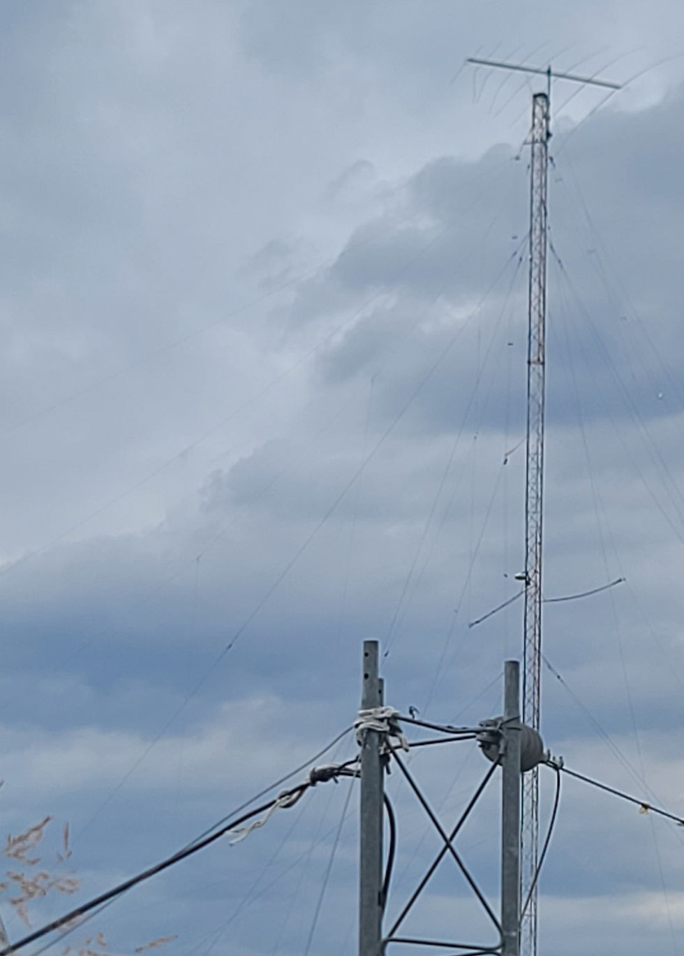 a photo of the k0uo half rhombic running to a Tall radio mast with guy wires against a cloudy sky, seen above