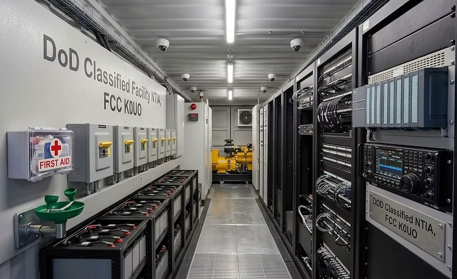 Narrow DoD classified facility hallway with server racks, cables, first aid kit, and yellow equipment under bright fluorescent lights.