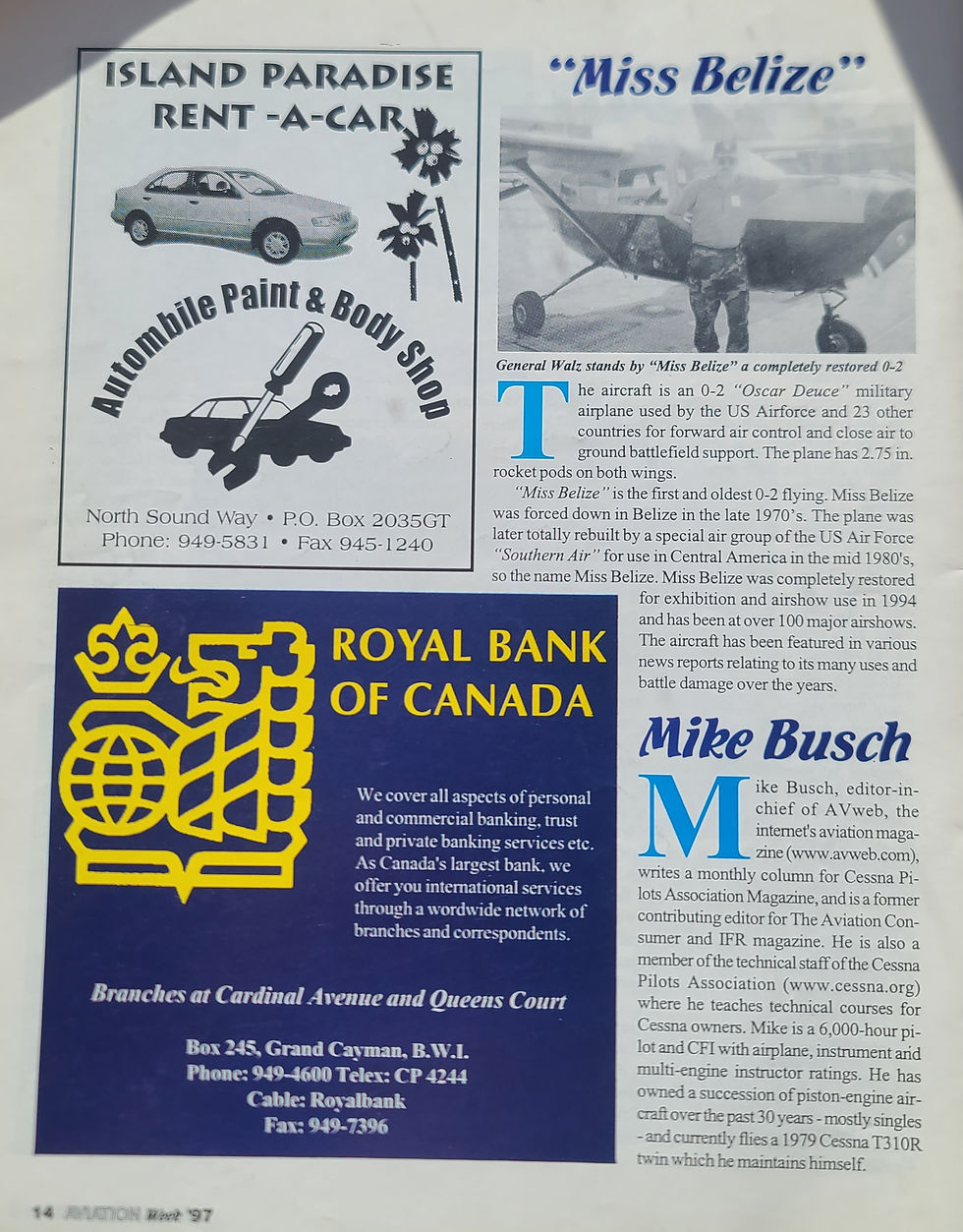 Photo of the Grand Cayman Air Show "Aviation Week"1997 write up in their Air Show Official Program  about General Steven Walz and a Cessna o-2 Miss Belize, flying in the show over Seven Mile Beach