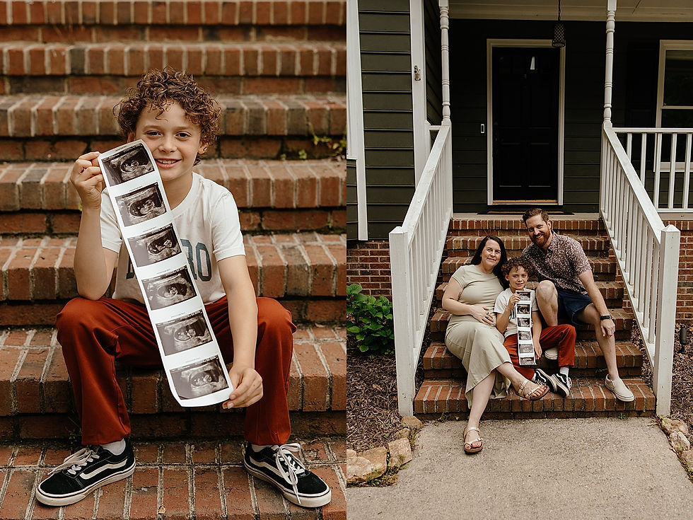son sits on steps holding sonogram photos for new baby by Kyra Lee Photography