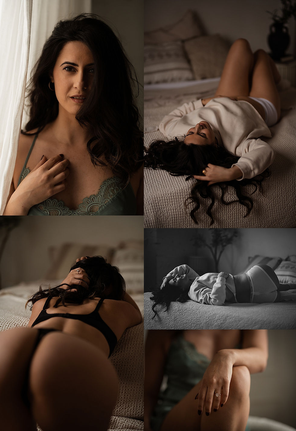 woman lies across bed in studio in white sweater knowing what to wear