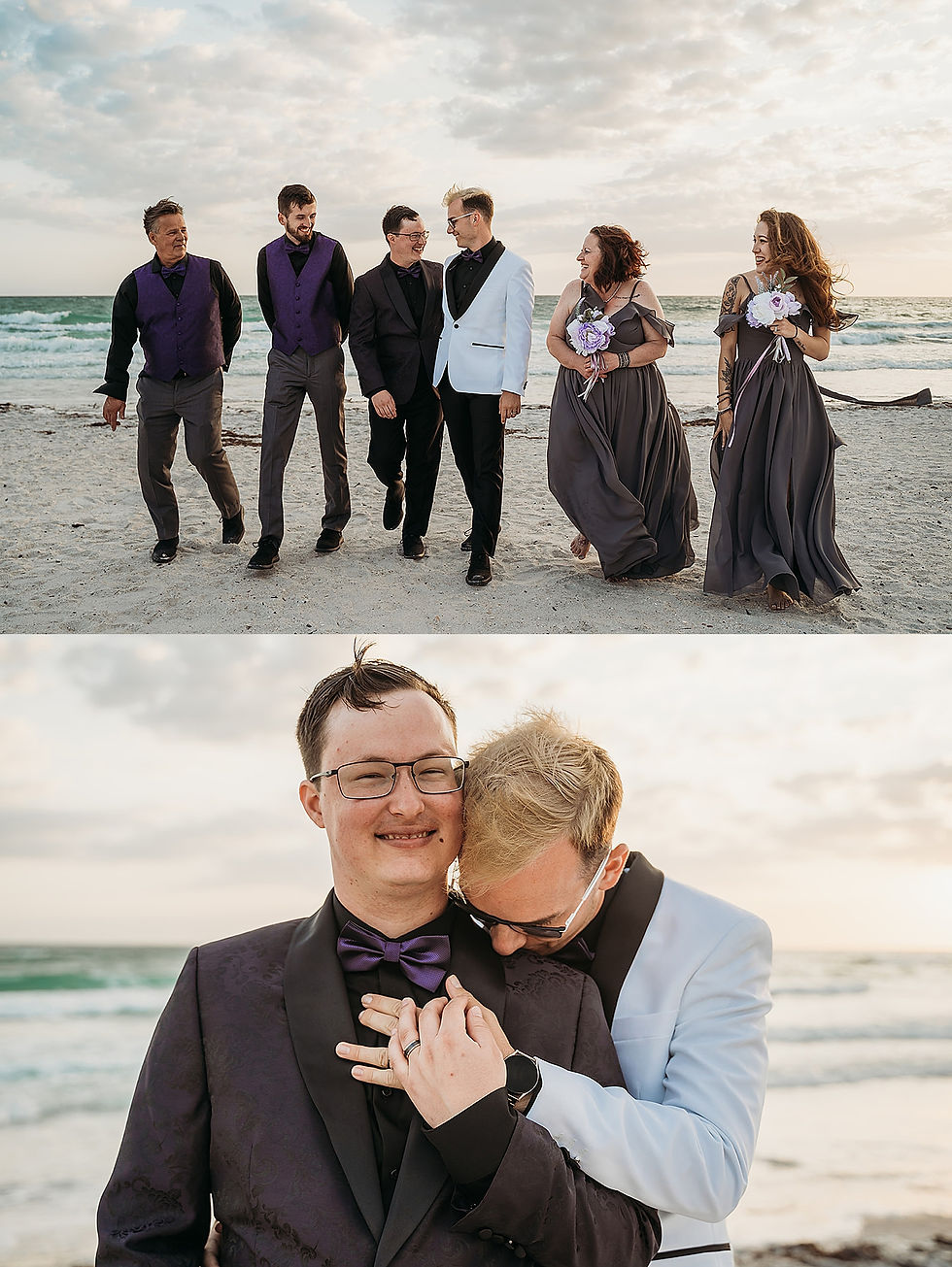 two grooms smile with their wedding party near ocean by Florida elopement photographer