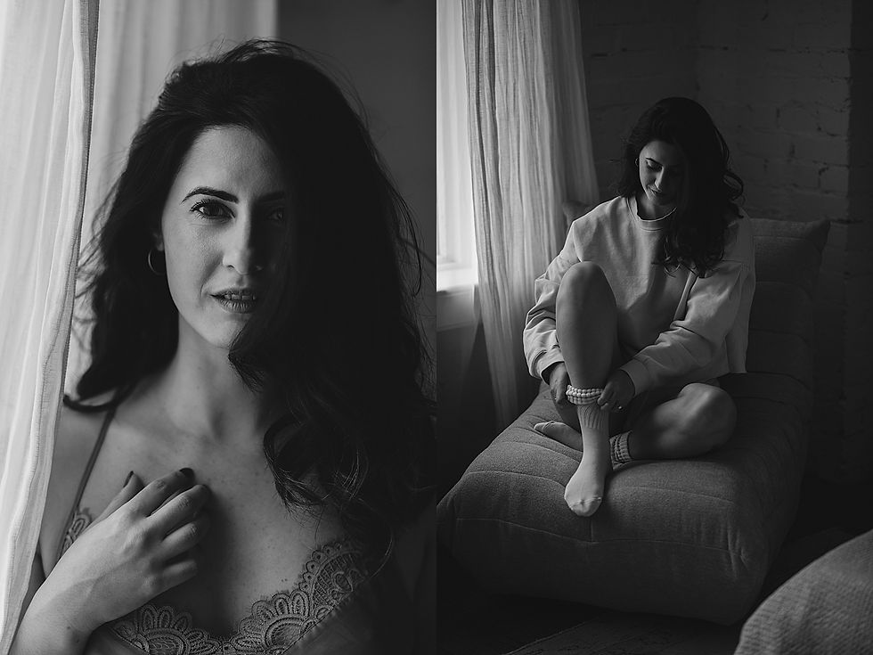 brunette rolls up socks on chair by Carlee Marie Photography