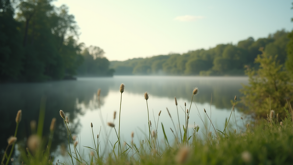 Close-up view of a serene nature scene with a calm lake