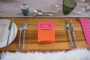 Wedding Breakfast - Bright fun Pink and Orange wedding place cards. 
Photo credit: Suzanne Lister Photography. 
Shown at Cairns Farm, Edinburgh