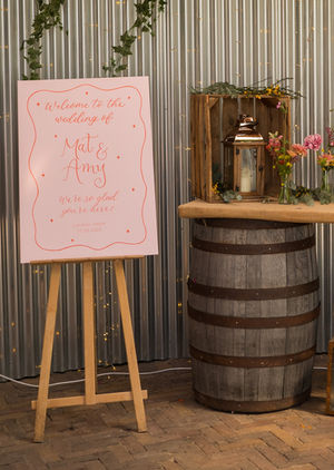 Wedding Welcome Sign. Hand-painted in pale pink with orange hand-lettering
Photo credit: Suzanne Lister Photography.
Shown at Cairns Farm, Edinburgh