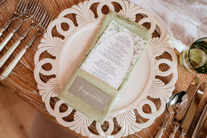 Wedding Breakfast styling with individual guest menus and calligraphy place cards in sage green with white ink. Millbridge Court, Surrey

Photo credit: Sarah Legge Photography 