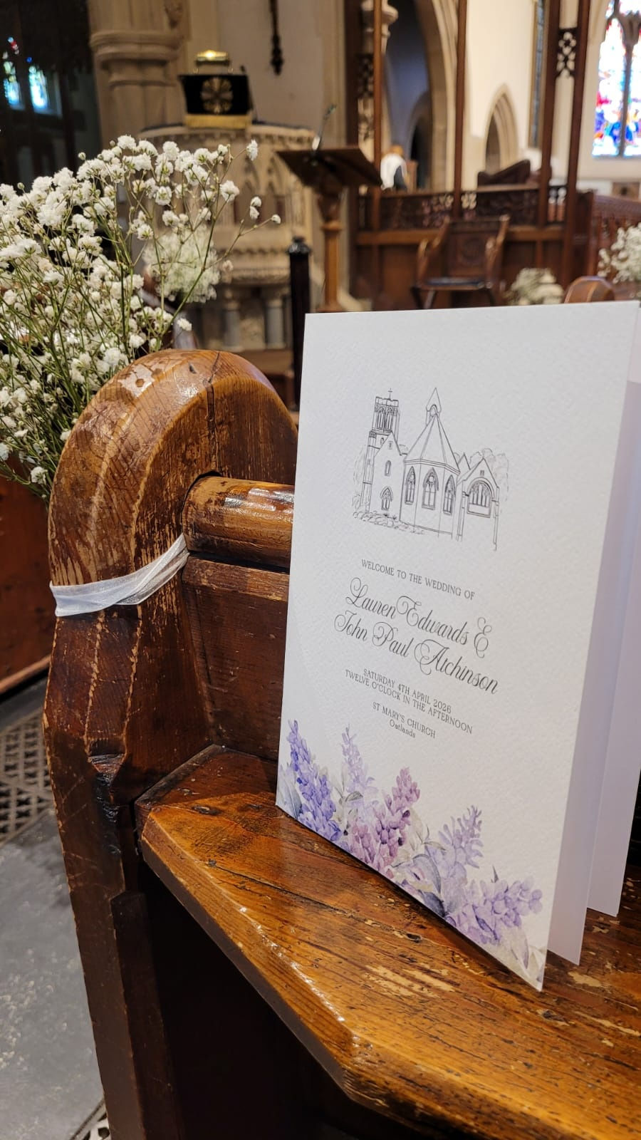 Wedding Ceremony Order of Service booklets with Church illustration and lavender florals