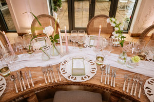Wedding Breakfast styling with individual guest menus and calligraphy place cards in sage green with white ink. 

Photo credit: Sarah Legge Photography 