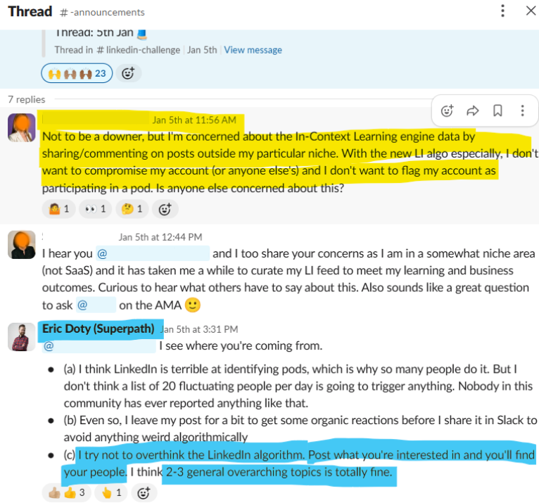 Screenshot of a Slack thread in the Superpath community where a member asks whether commenting on LinkedIn posts outside her niche could affect the LinkedIn algorithm or flag her account as participating in a pod, sparking replies from other members.