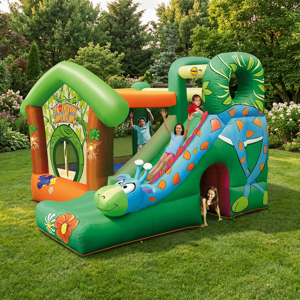 Outdoor product photography of a vibrant jungle-themed inflatable playground filled with children. The scene conveys a sense of energetic outdoor fun and play.