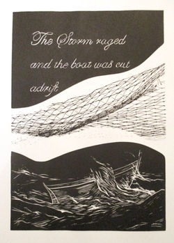 Adrift - Woodcut - playing with text