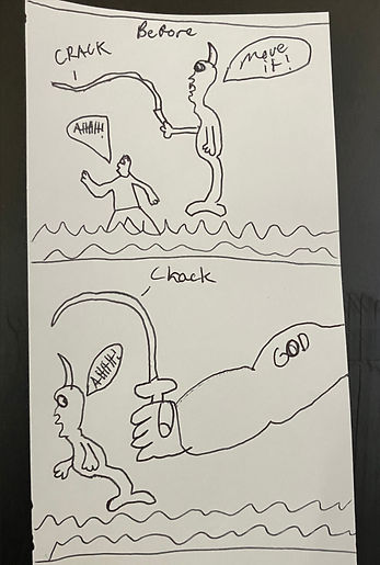 child's drawing of God chastising the devil