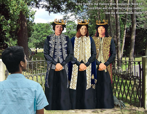 boy talking to 3 royally dressed weirdos