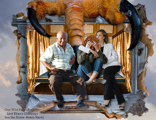3 people riding in a demolished carriage carried by a dragon