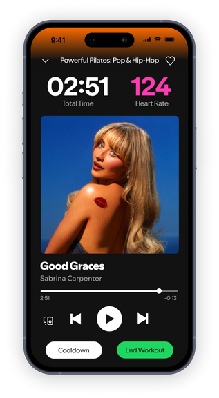 Spotify Active workout playback screen showing time, live heart rate, current track, and cooldown/end workout buttons.