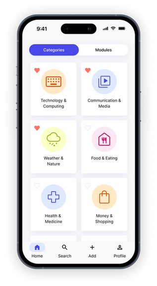 Mobile app home screen displaying colorful category cards labeled Technology & Computing, Communication & Media, Weather & Nature, Food & Eating, Health & Medicine, and Money & Shopping.