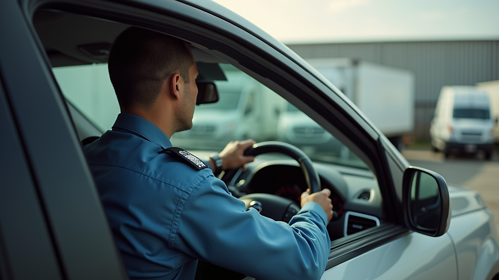 High angle view of a security officer conducting a vehicle patrol in an industrial area