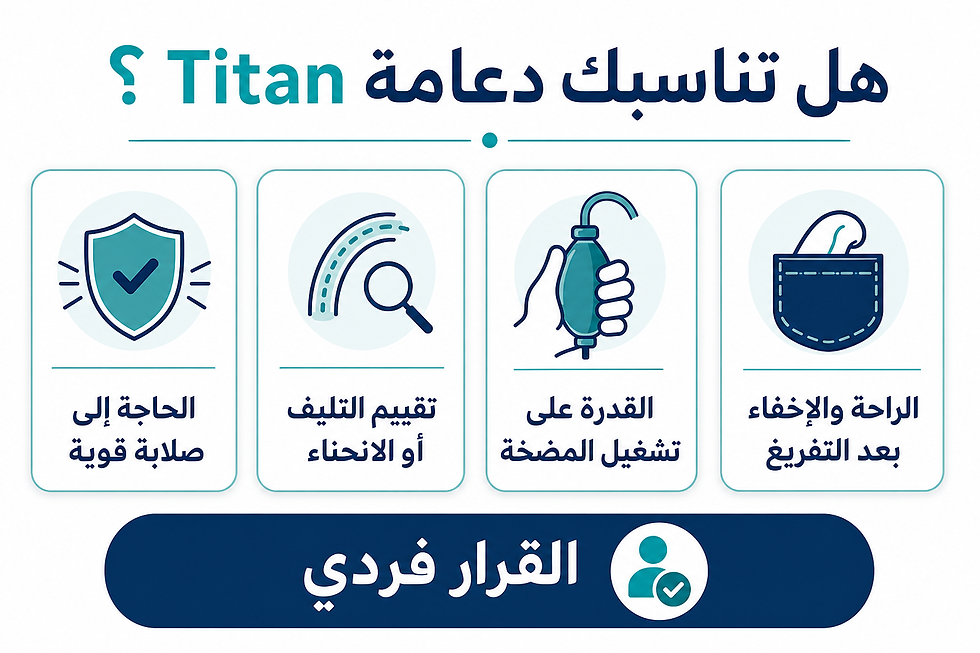 إنفوغرافيك عربي يوضح عوامل اختيار دعامة Titan مثل الصلابة والتليف وتشغيل المضخة والإخفاء