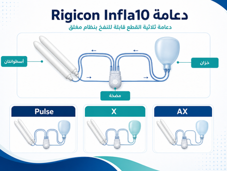 رسم عربي يوضح مكونات دعامة Rigicon Infla10 الهيدروليكية وموديلات Pulse وX وAX