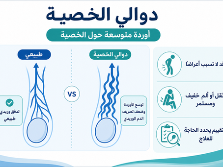 رسم توضيحي عربي يقارن الأوردة الطبيعية بالأوردة المتوسعة في دوالي الخصية ويوضح أن التقييم يحدد العلاج