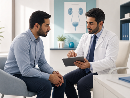 استشارة خاصة بين مريض وطبيب مسالك بولية لمناقشة سرعة القذف وخيارات العلاج القائمة على الدليل